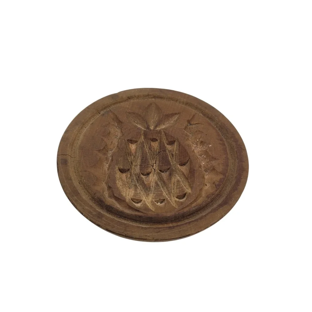 Antique Hand Carved Wooden Butter Mold Stamp Pineapple Motif Primitive Tool‎